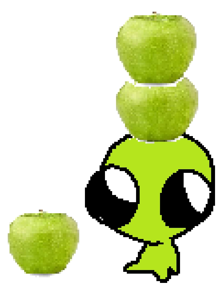 desenho de um pequeno alien com maçãs verdes na cabeça e ao seu lado