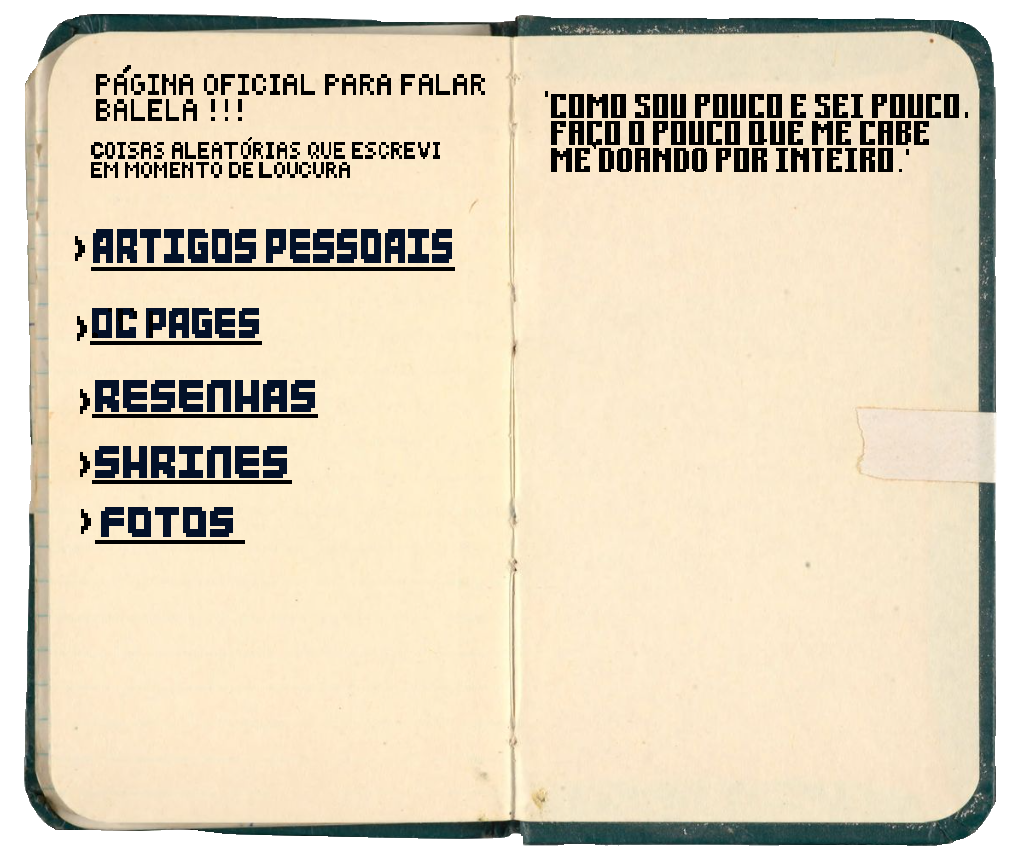 um caderno com as seguintes frases escritas em letras pixeladas'página oficial pra falar balela! coisas aleatórias que escrevi em momento de loucura'